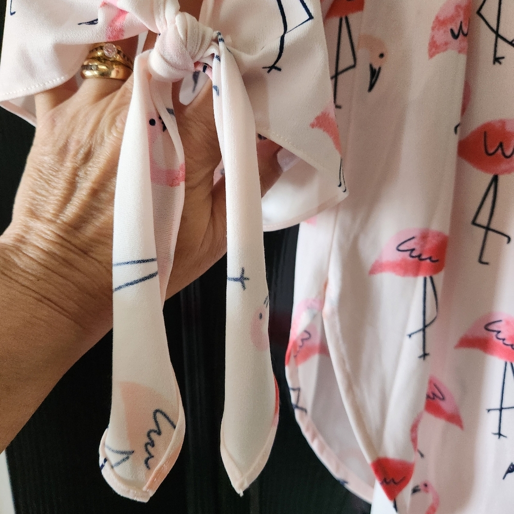 Tickled Teal Flamingo Print Off-the-Shoulder Peasant Top - Blush Pink 3/4 Sleeve - Picture 3 of 9